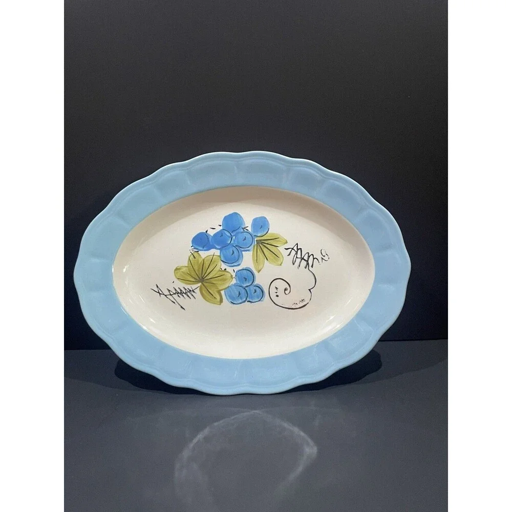 Corona Ironstone Ware Japan Oval Plate 8.5” X 6” Blue Trim Blueberries/Grapes